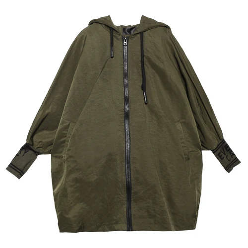 army green GCC1819 XITAO лоскутное письмо печати плащ большого размера Женская одежда Мода британский стиль карман на молнии с капюшоном воротник GCC1819 - Цвет: army green GCC1819
