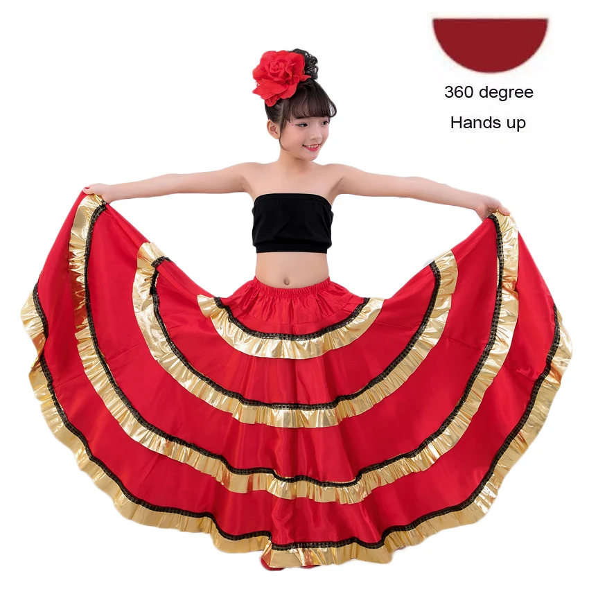 Принцесса для девочек испанские танцевальные костюмы Фламенко юбка красный и черный гипсовый Стиль Бальные Танец живота платье для детей девочек - Цвет: Color2 360degree