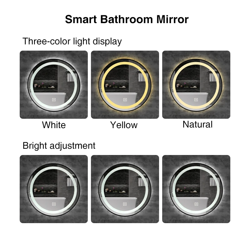 Round Smart LED Bathroom Mirror With Golden/Black Frame 3 Color LIght With Bluetooth Speaker Time&Temperature Display Defogging
