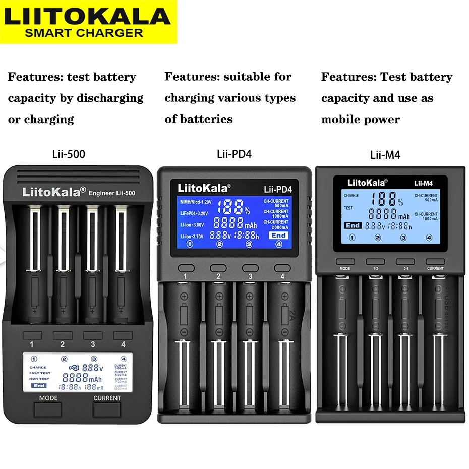 LiitoKala Lii-500 Lii-PD4 Lii-M4 18650 Charger LCD Display Universal Smart Charger test capacity for 26650 18650 21700 AA AAA battery charger battery charger adapter
