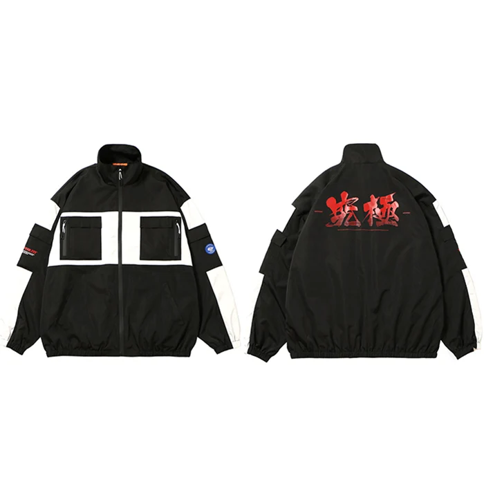 Hip Hop Men Streetwear Jacket Windbreaker Chinese Kanji Color Block Retro Track Jackets Coat Harajuku Jacket Outwear Oversized - Цвет: A968026A Black