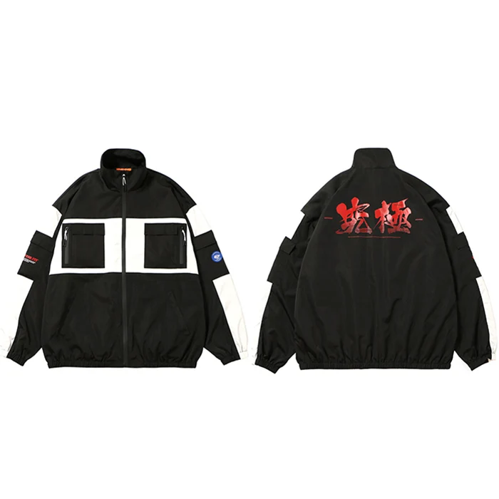 A968026A Black Hip Hop Men Streetwear Jacket Windbreaker Chinese Kanji Color Block Retro Track Jackets Coat Harajuku Jacket Outwear Oversized - Цвет: A968026A Black