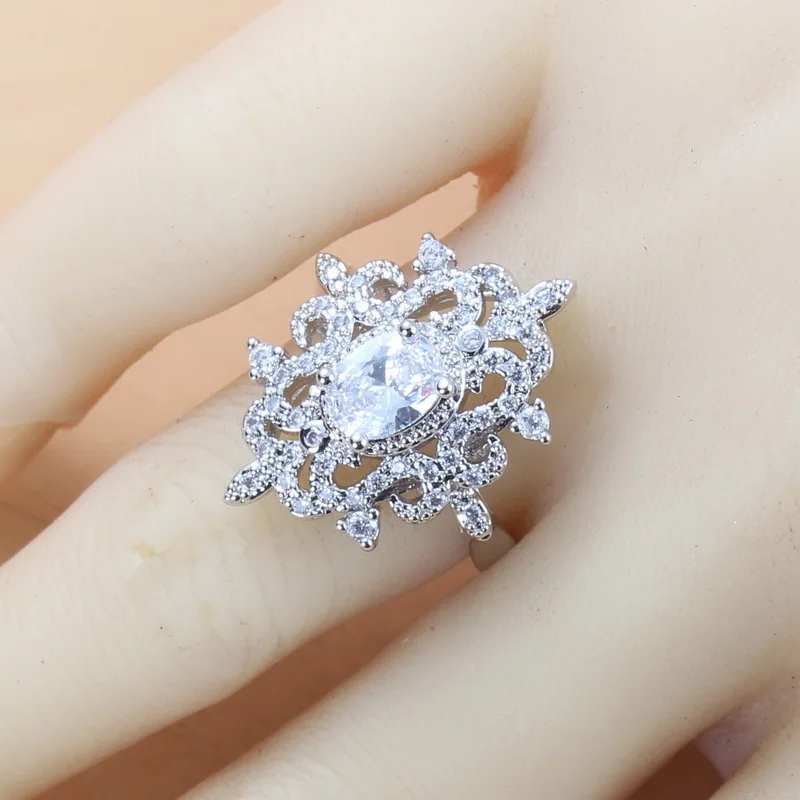 925 пробы Серебряные наборы свадебных ювелирных изделий ожерелье и серьги с кристаллом циркония модные свадебные аксессуары для женщин - Окраска металла: White  Ring