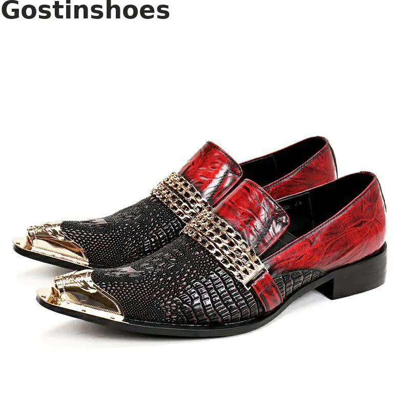 

Luxury Men Shoes Genuine Leather Crocodile Printed Mixed Color Leather Shoes Metal Capped Toe Chains Decoration Slip-on Loafers