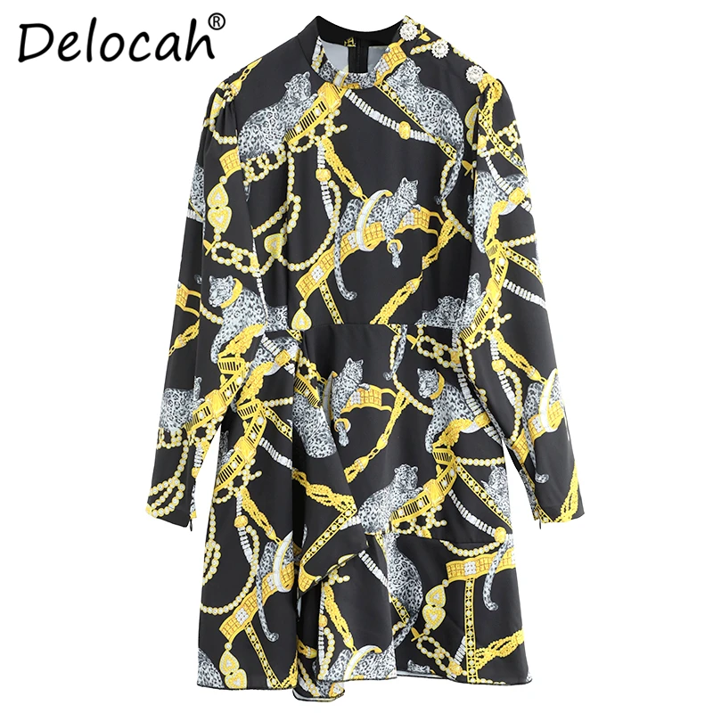 Delocah, женское весенне-летнее новое платье, подиумное, модное, дизайнерское, с длинным рукавом, винтажное, с принтом, элегантное, тонкое, ТРАПЕЦИЕВИДНОЕ, женское платье