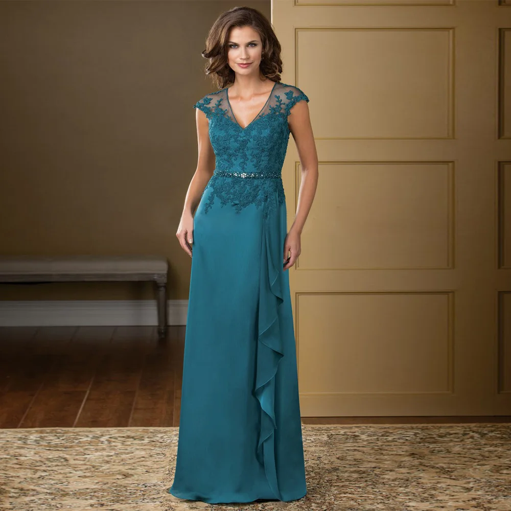 Turquoise Mother Of The Bride Dresses mother bride dresses Elegant V Neck Chiffon Plus Size Lace Wedding Evening Gowns