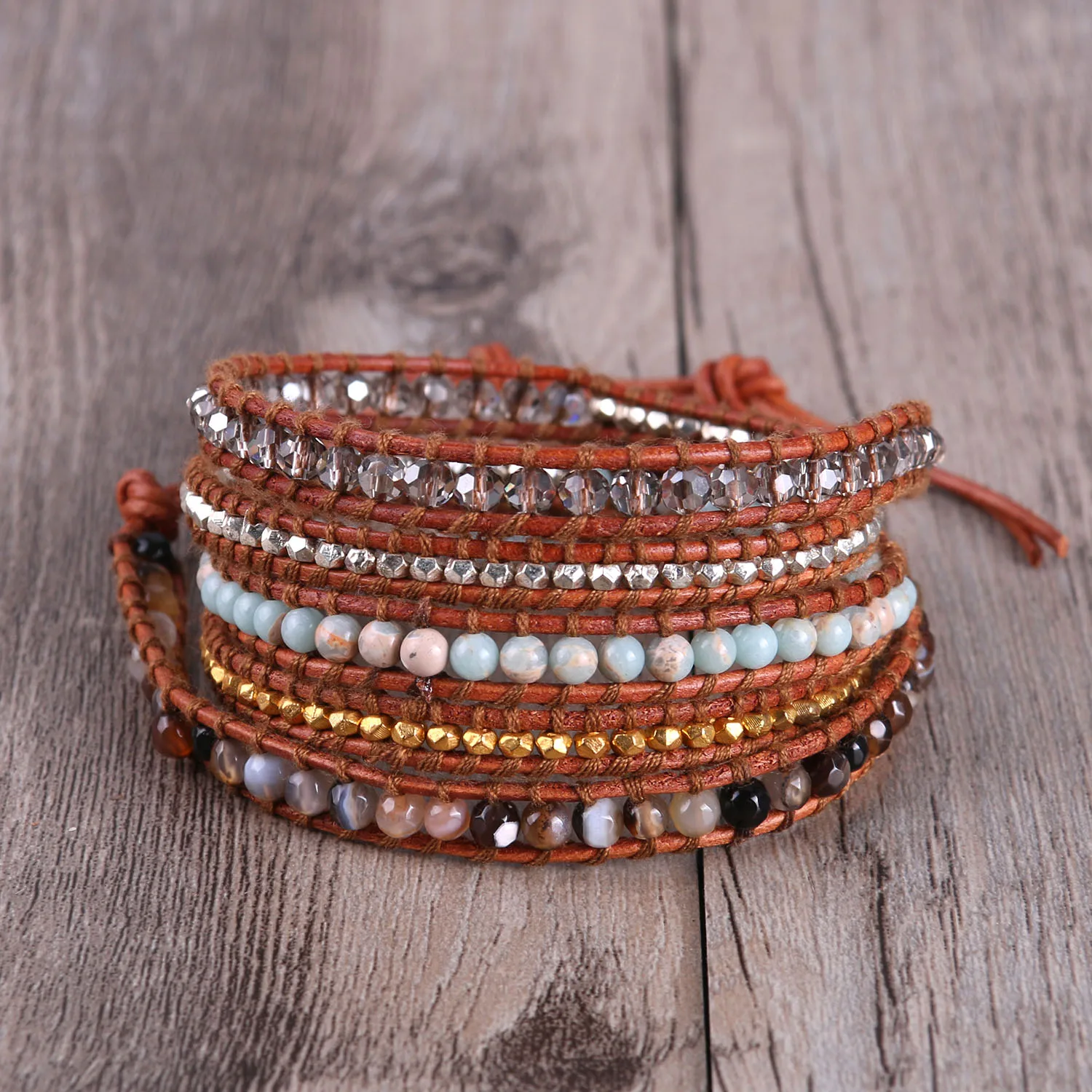 

KELITCH Top Quality Semi Precious Stone With Crystal Leather Wrap Bracelet Natural Stones Rhinestone Beaded Girls Bracelet