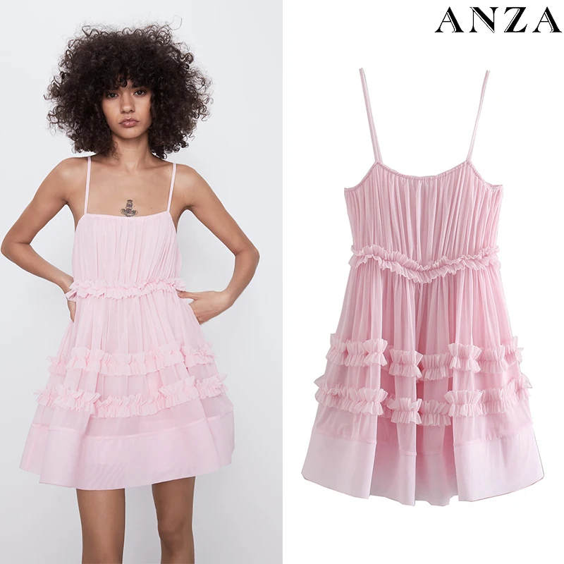 Женское платье трапеция без рукавов Za розовое однотонное бальное с оборками