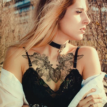 

Waterproof Temporary Tattoo Sticker leaf flower plant black sketch Fake Tatoo Breast Chest Back Belly Flash Tatto For Women Girl