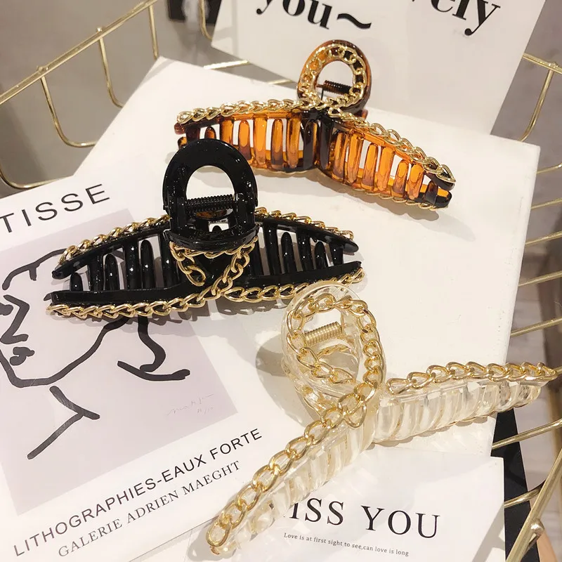 

New Hair Crabs Hairpins For Women Leopard Metal Chains Pattern Hair Claw Ponytail Holders Plastic Hairpins Large Hair Clamps