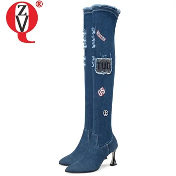 

ZVQ winter new fashion sexy over knee boots outside warm high heels pointed toe denim zip party women shoes drop shipping size 33-43