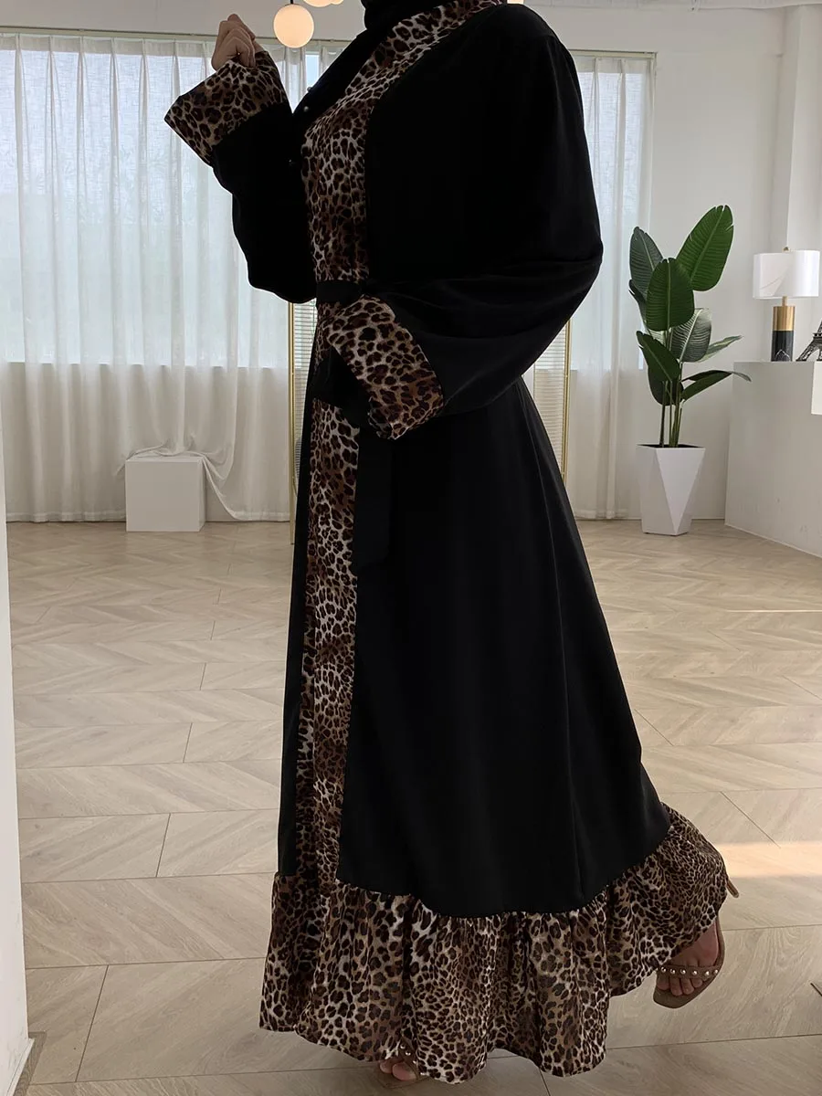 1819#Woman Robe Front Open Kimono Cardigan Leopard Print Dubai Abaya - CHAOMENG MUSLIM SHOP