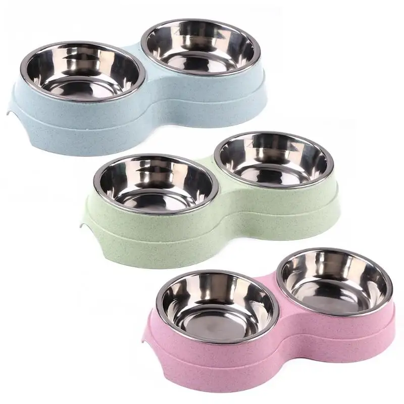 Double Bowls Dog Food Water Feeder Stainless Steel Pet Drinking