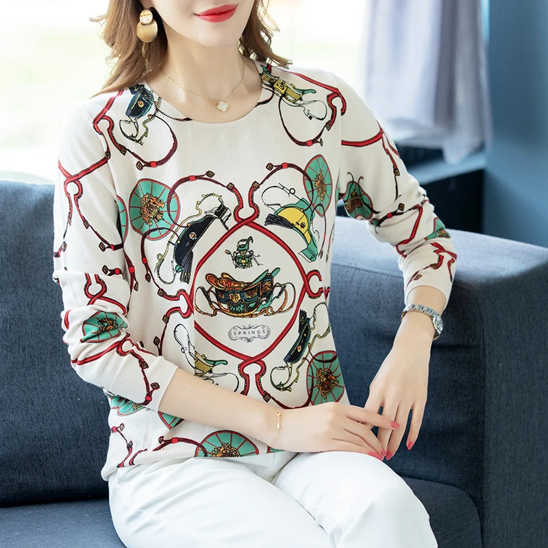 

Luxury Designer Brand Runway Sweater Women Elegant Long-sleeve Loose Printed Sweater Knitted Pullovers Soft Tops Feminino New