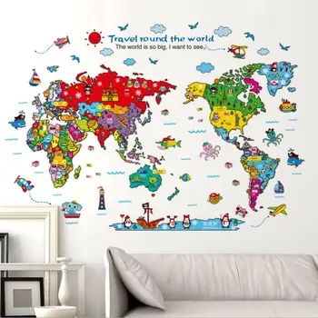 

Cartoon World Map Vinyl Wall Decal Sticker Children's Rooms Animal Pegatinas Nursery School Stickers diy Room Decoration W210