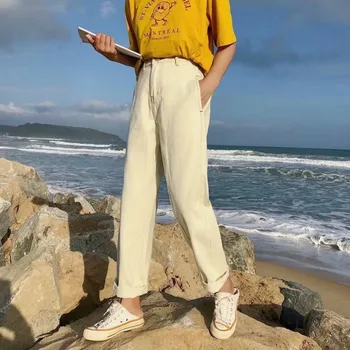 

apricot Colour Women contrast casual loose jeans Pants 2020 Summer Female Denim Pants