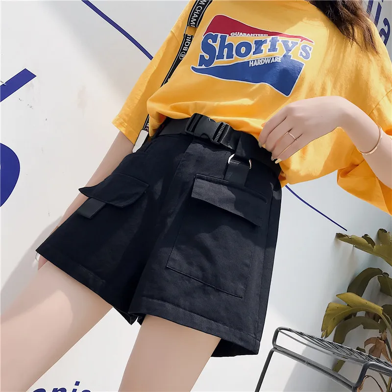 Новые летние женские шорты Карго корейская мода Высокая талия мини шорты с карманом отправить пряжки ремень повседневные женские шорты