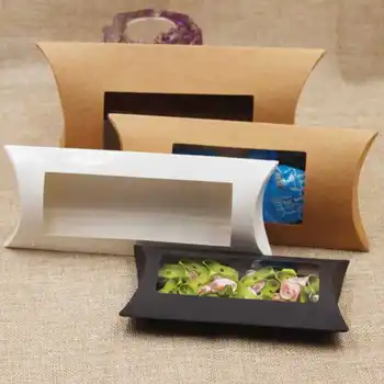 

30pcs Kraft Paper Gift Box Pillow Gift Box With Clear PVC Window Kraft White/Black Paper Window Box For Wedding Candy Packaging