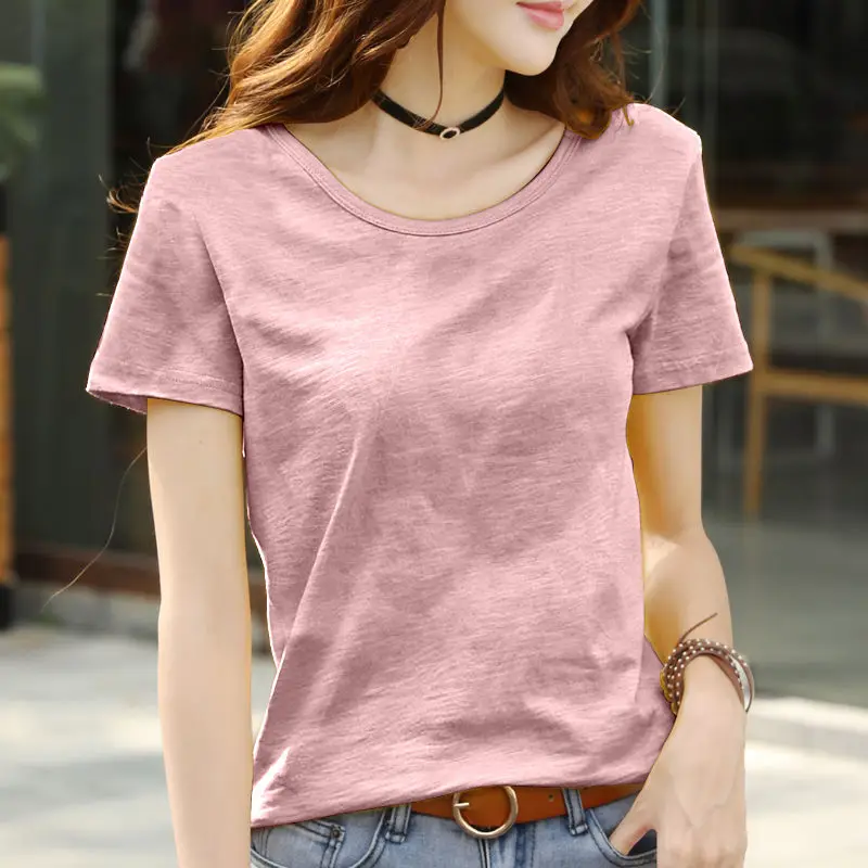 

8 Color S-3XL Plain T Shirt Women 100% Cotton Elastic Basic T-shirts Female Casual Tops Short Sleeve T-shirt Office Lady