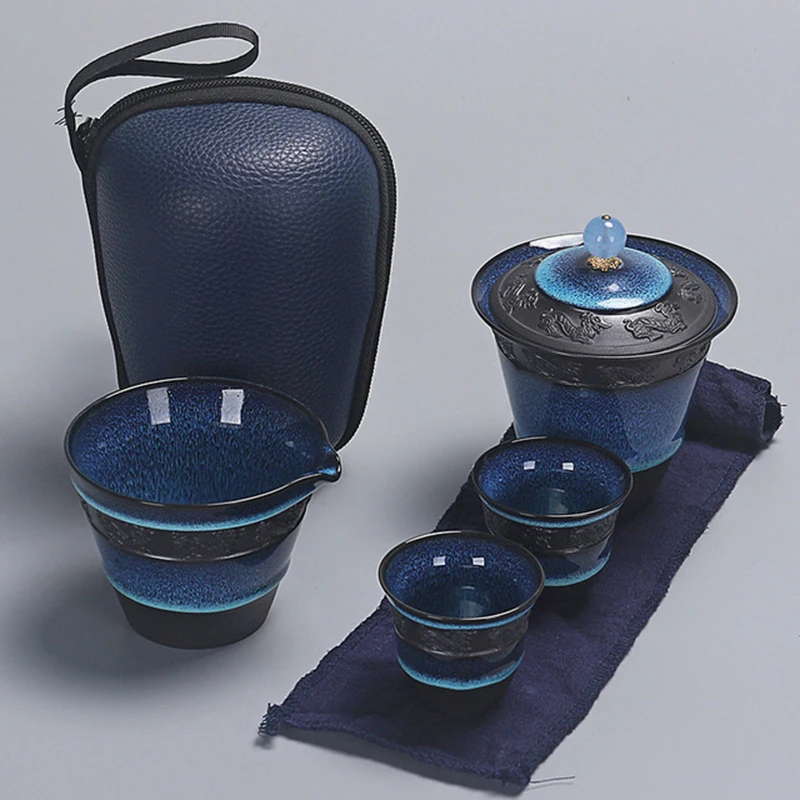 Чайный набор керамический синий глазурь gaiwan чайный кунг-фу 1 с 2 чайными чашками и