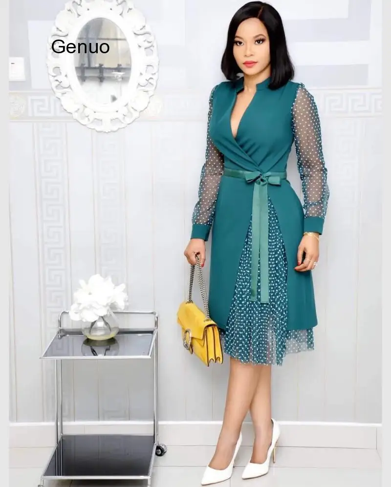 

African Dresses Women Dot Black Office Midi Lace Dress Mesh Bazin Fashion Elegant Ankara Dresses Ladies Party Africa Clothing