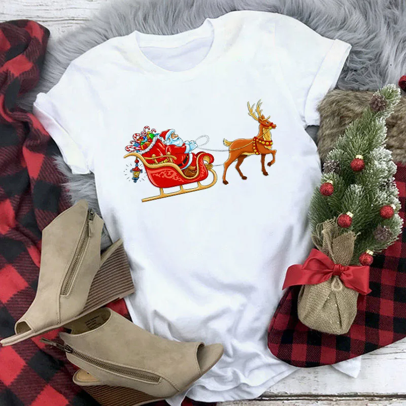 Белая подходящая для всех сезонов футболка, Топы, одежда, новая милая футболка с оленем, женская модная Рождественская Футболка Harajuku с коротким рукавом - Цвет: YH-2747