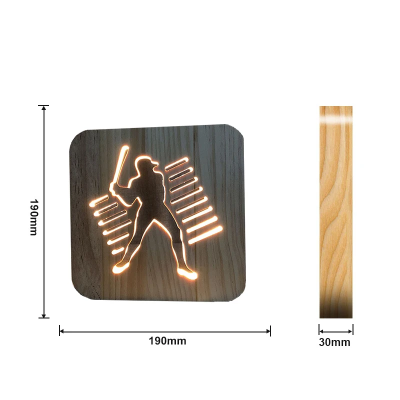 19*19*3CM New Year Christmas 3D Wooden Baseball USB Warm White Night Lights Holiday Gift Interior Decoration