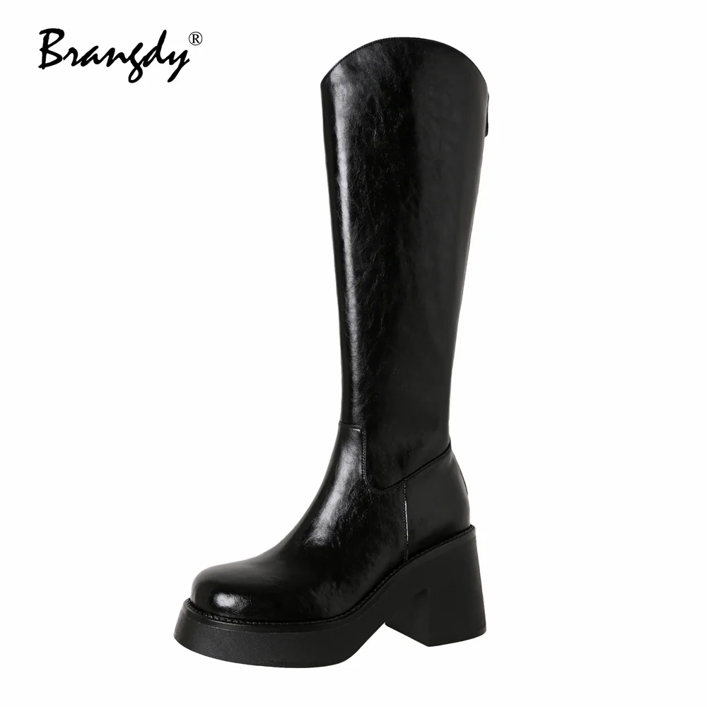 Brangdy Genuine Leather Women Knee Hight Boots Fashion Square Heels Women Shoes Round Toe Zipper New Women Winter Knight Boots