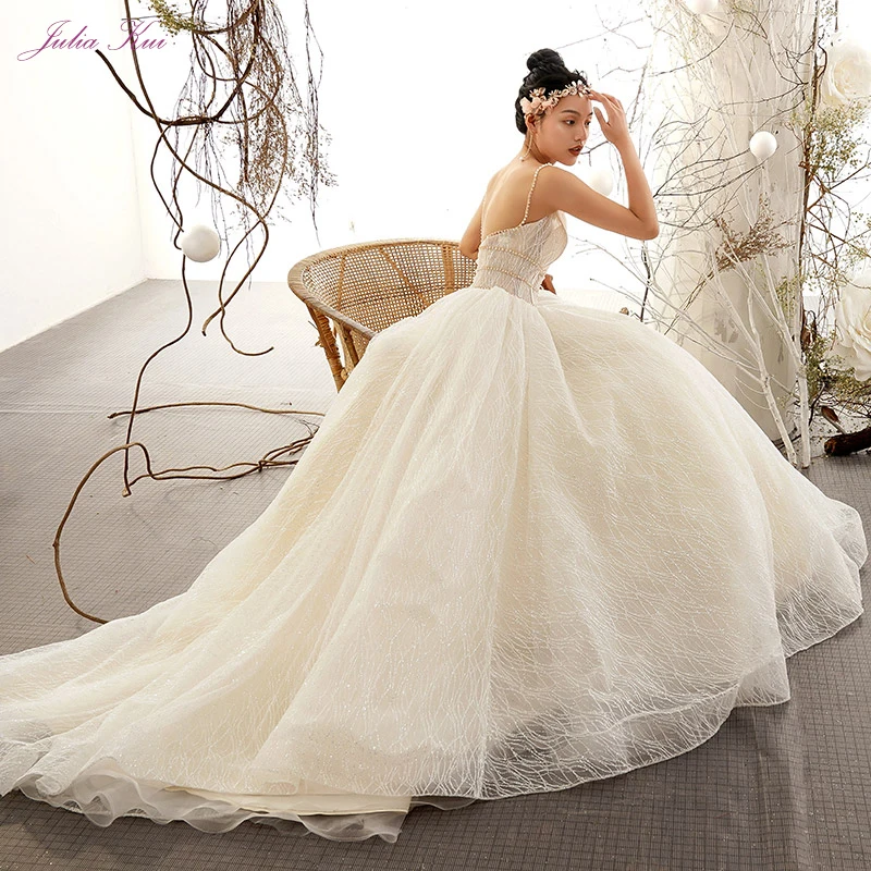 

Julia Kui Beauty Lace Spaghetti Straps Beading Pearls A-Line Wedding Dresses 2019 With Sleeveless Floor-Length Bride Dresses