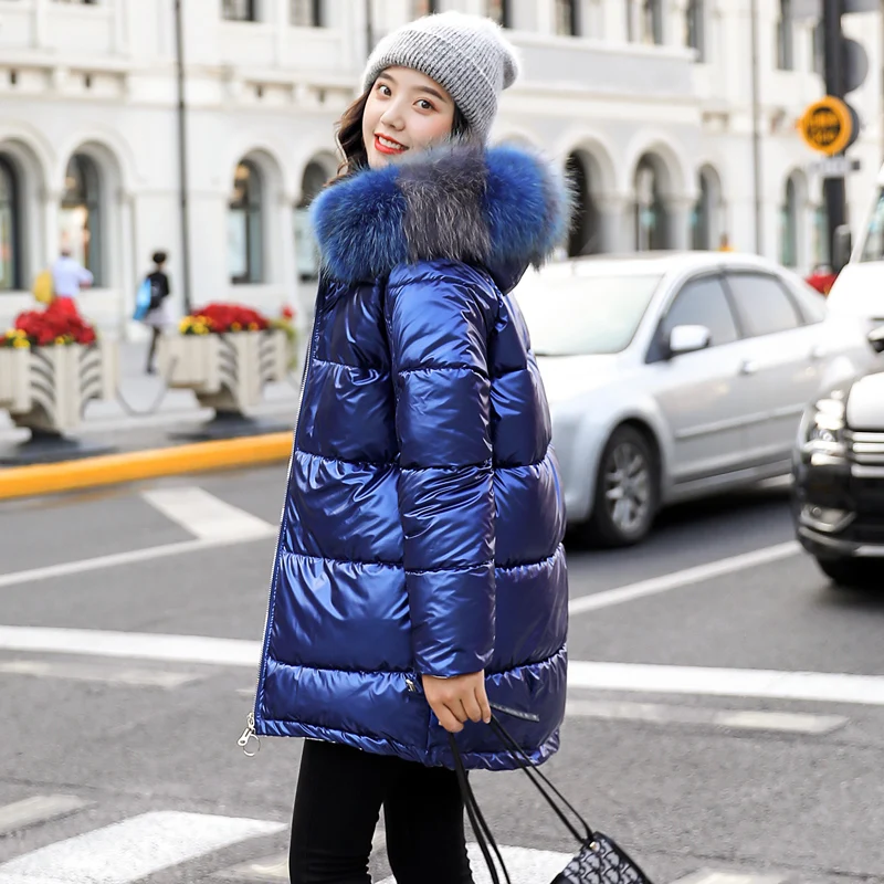 Новые женские длинные пальто парки Глянцевые зимние теплые плотные из