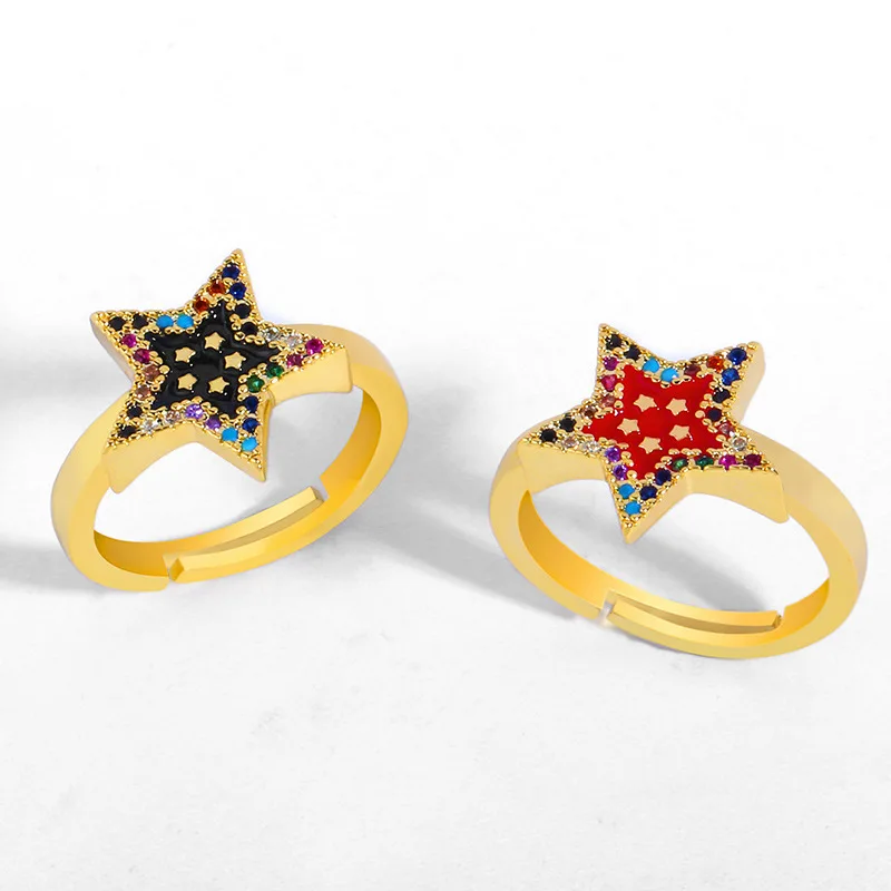 

Glamour Rainbow Circle Pentagram Ring Fashion Inlaid Geometric Black Red Zircon Party Wedding Geometric Opening Accessories