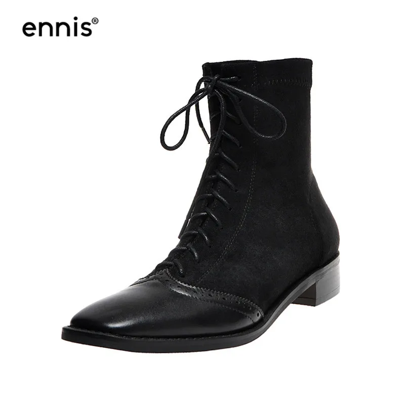 ENNIS/осенне-зимние ботинки; броги; женские ботинки из натуральной кожи; растягивающиеся ботильоны из искусственной замши на Плоском Каблуке; обувь на шнуровке; Новинка; A9347 - Цвет: Black Plush Inside