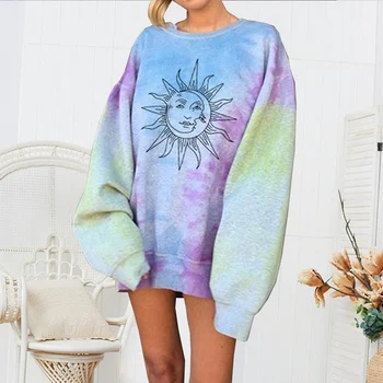 

Tie-dye Sun T-shirt Boho O Neck Printed Pullover Women's Oversize Long Sleeves T-shirt Vestido Camiseta De Tie Dye