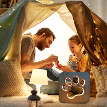 

LED Bedside Lamp USB-Powered Wooden Table Night Light Cartoon Hollow Dog Paw for Household Bedroom Decoration