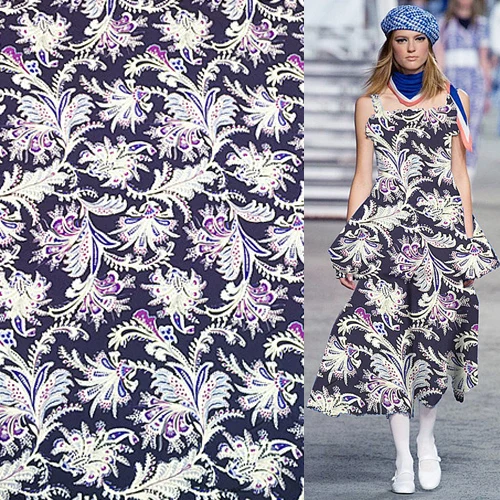 12momme эластичная шелковая ткань креп-жоржет цветочный дизайн темно-синий низ, SCG550