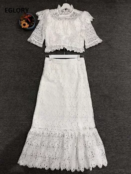 

2020 Summer Fashion 2 Piece Set Women Crochet Lace Embroidery Crop Tops+High Waist Mid-Calf Length White Mermaid Skirt Sets Club