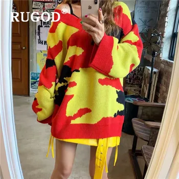 

RUGOD 2019 winter warm women's sweater v neck camouflage pattern loose knit pull fashion female cool pullovers korean sexy tops