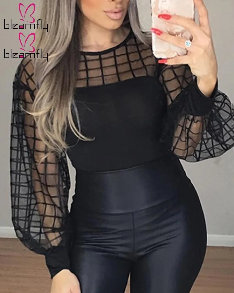 2019 Женская Повседневная блуза из прозрачной сетки рубашка женские топы с длинным