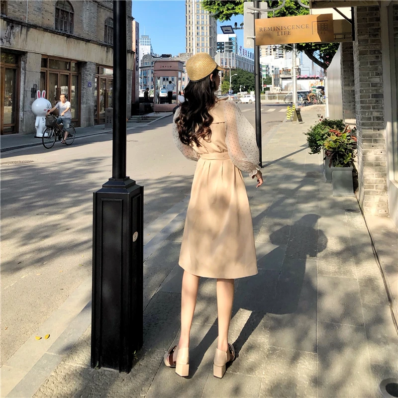 Для фотосессии, сетчатая цена, осень и зима, стиль, узор в горошек, марля, рукав-фонарик, соединение, французский, средней длины, элегантный плащ