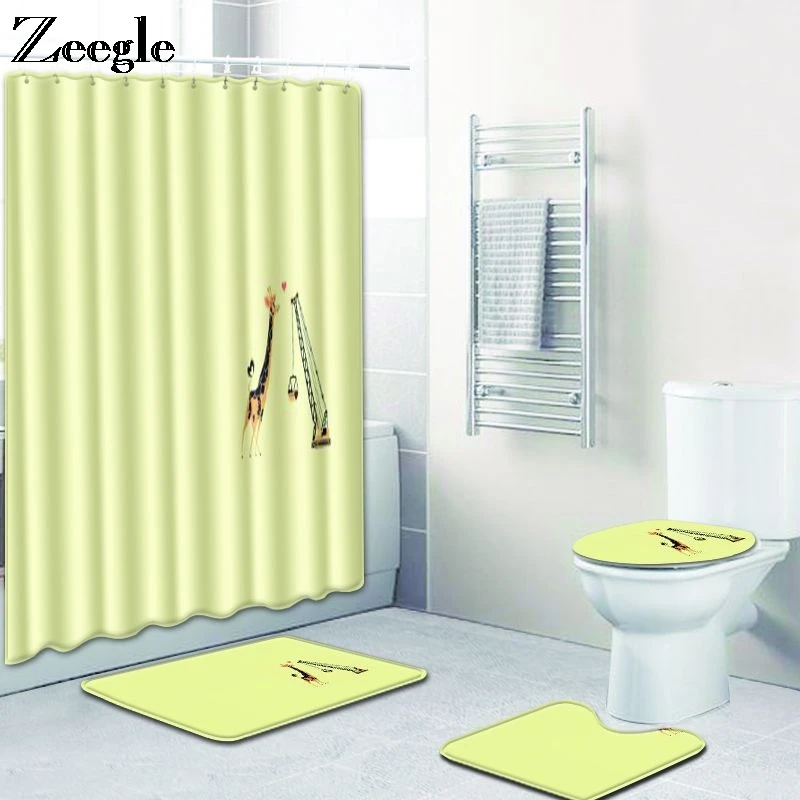 Zeegle Toilet Rug Set Waterproof Bathroom Shower Curtain Anti-slip Toilet Floor Rug Foot Mat Bath Decoration Rug Set Toilet Set