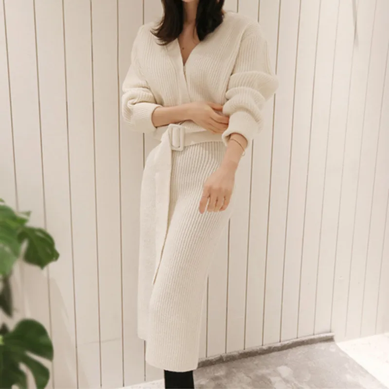 

Autumn Runway High Quality Women Knitted Sweater 2 Two Piece Women Loose Knitted Cardigan + Elastic Waist Split Skirts Outfits
