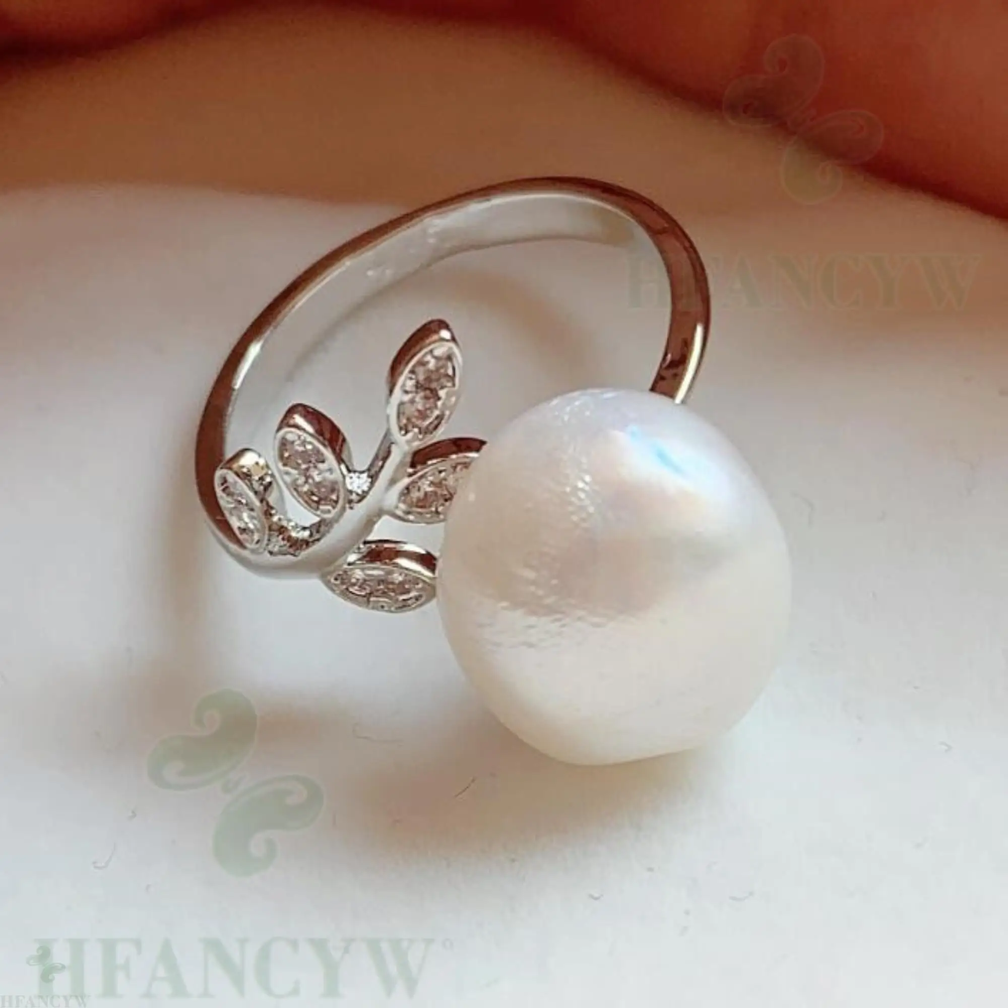 

11-12mm White Baroque Pearl Open Adjustable Leaf Shape Silver Ring Diy Cultured Hand-made Classic Huge Gorgeous