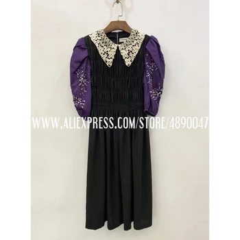 

2020 early spring water-soluble lace stitching lapel women's high-quality short-sleeved Party dress handmade beaded waist dress