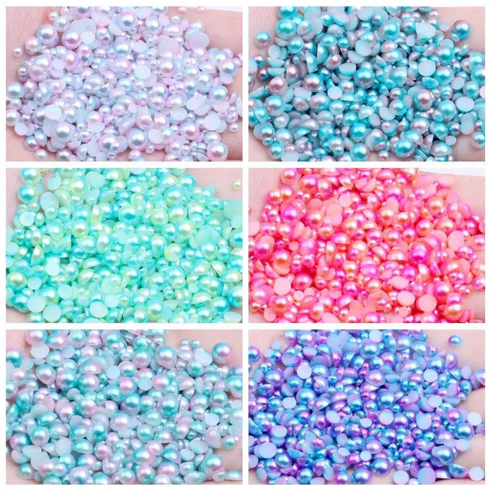 100-1000pcs/lot 3/4/5/6mm Rainbow Color Half Round ABS Imitation Pearl Beads Flat Back Scrapbook Bead For DIY Nail Making
