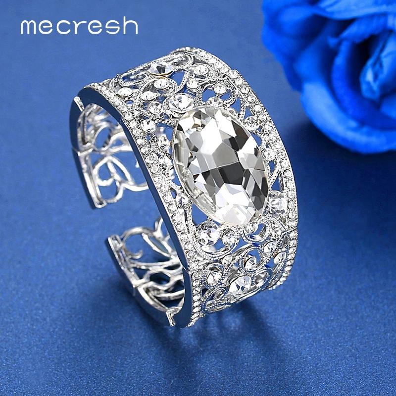 

Mecresh Statement Bridal Wedding Cuff Bracelet Bangle for Women Silver Gold Blue Color Crystal Wide Big Engagement Bangles SL426