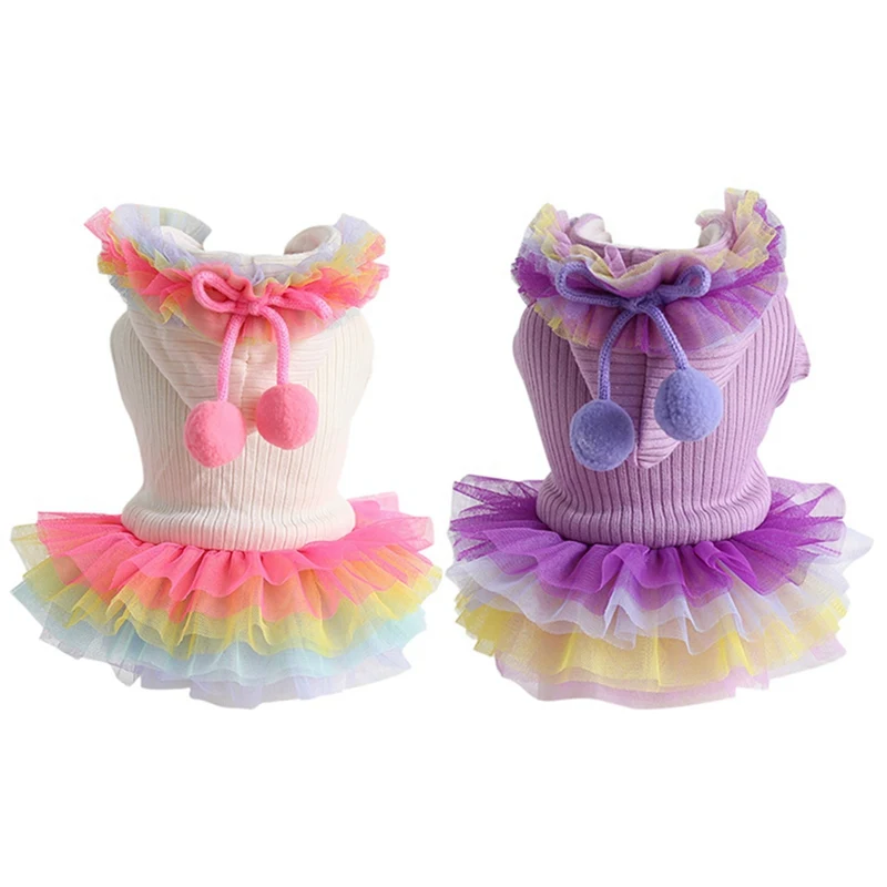 

Small Dogs Warm Rainbow Dress Pet Cotton Dress For Autumn And Winter Dog Girls Hooded Button Coat Pets Clothing