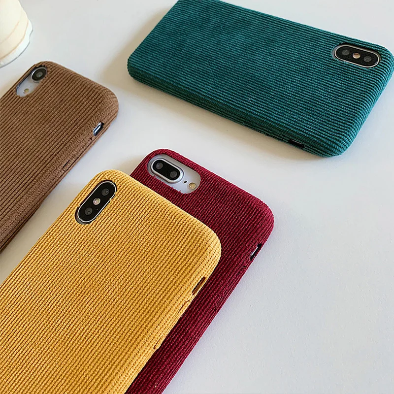 Ottwn Phone Case For iPhone 11 X XR XS Max Corduroy Cloth Texture Case For iPhone 6 6s 7 8 Plus Warm Fabric Fuzzy Soft PU Cover