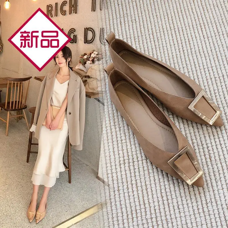 

2020 Spring New Style Square Head Leather Shoes Women's Low-Cut round Buckle Decoration Sheepskin Graceful WOMEN'S Shoes