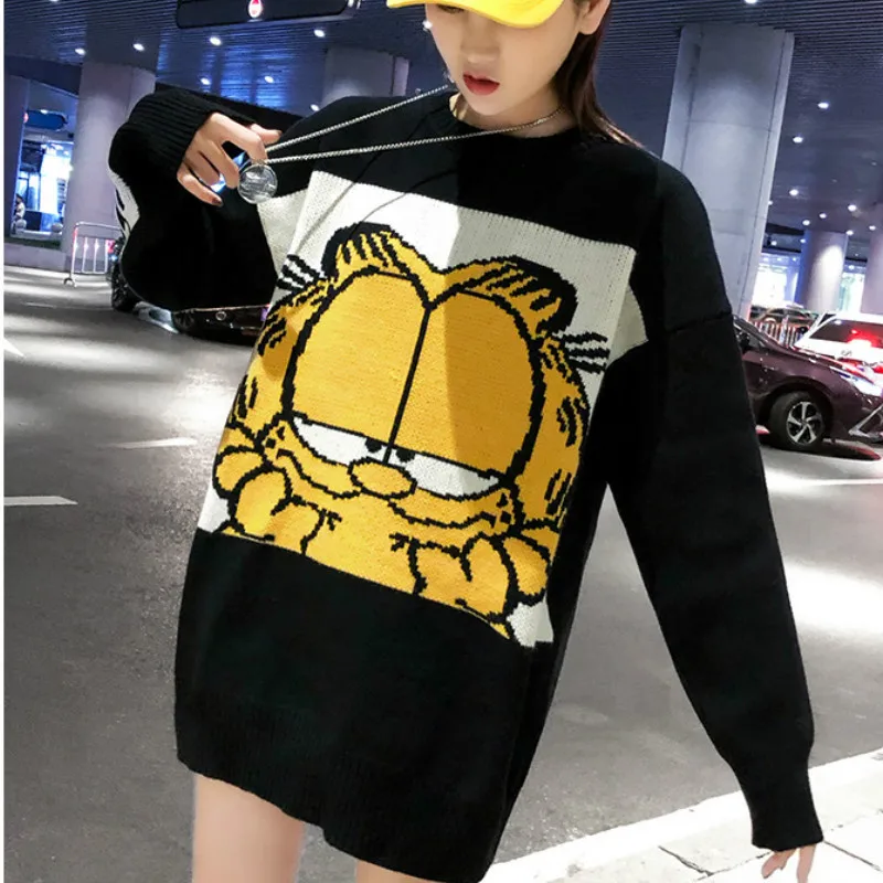 Ceny Nowy koreański Garfield kobiet sweter kreskówka ładny luźny sweter jesień zima moda dziewczyna ubrania topy kobiet sweter na drutach 2019