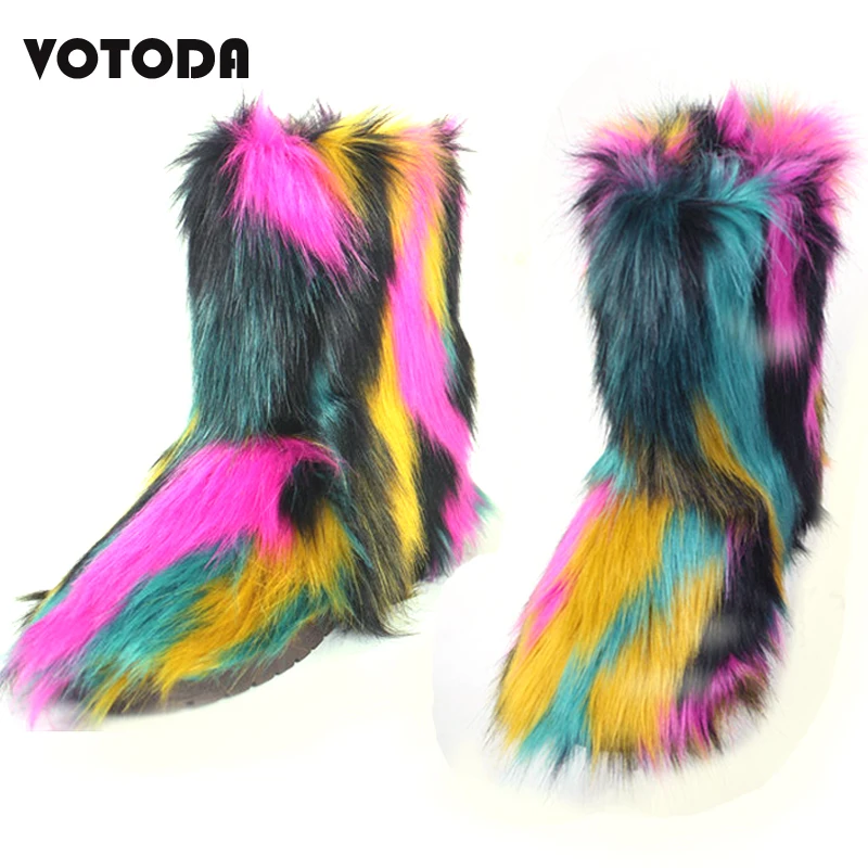 

Fashion Winter Women Ankle Boot Fluffy Faux Fox Fur Boots Warm Cozy Casual Flat Home Shoes Ladies Cute Plush Outdoor Boots